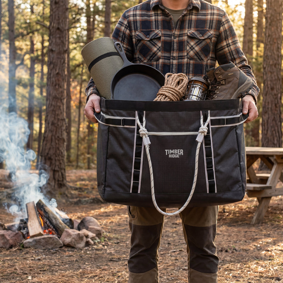 KAVO 18 Can Cooler and KANU 60L Gear Hauler organized for a fall camping meal outdoors