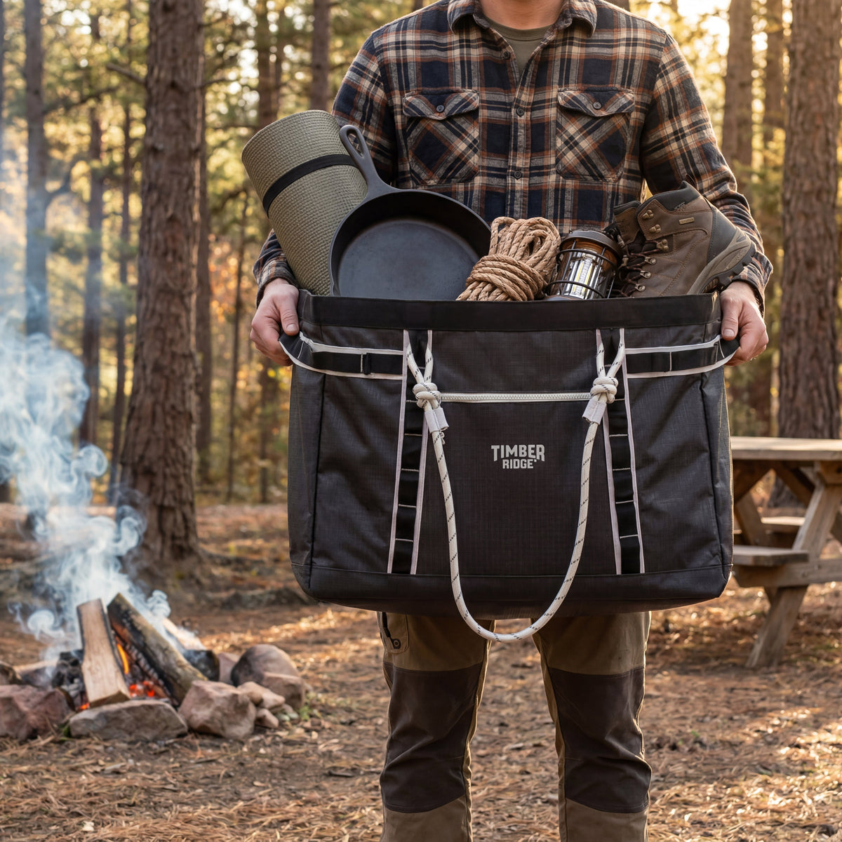 KAVO 18 Can Cooler and KANU 60L Gear Hauler organized for a fall camping meal outdoors