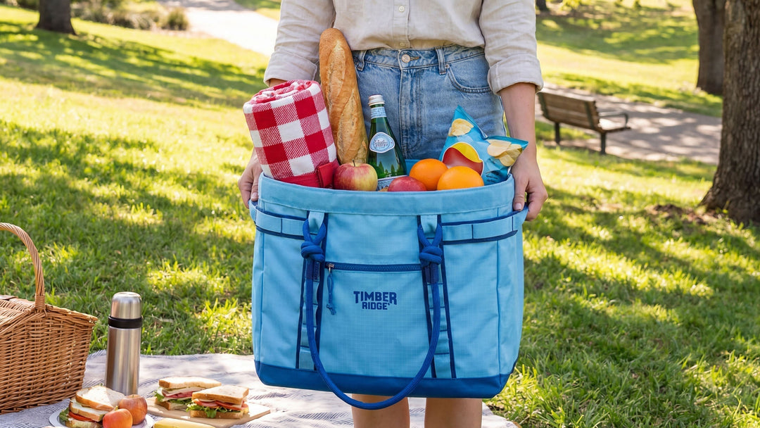 Fall park outing gear with folding chair, gear hauler, blanket, and water bottle sling