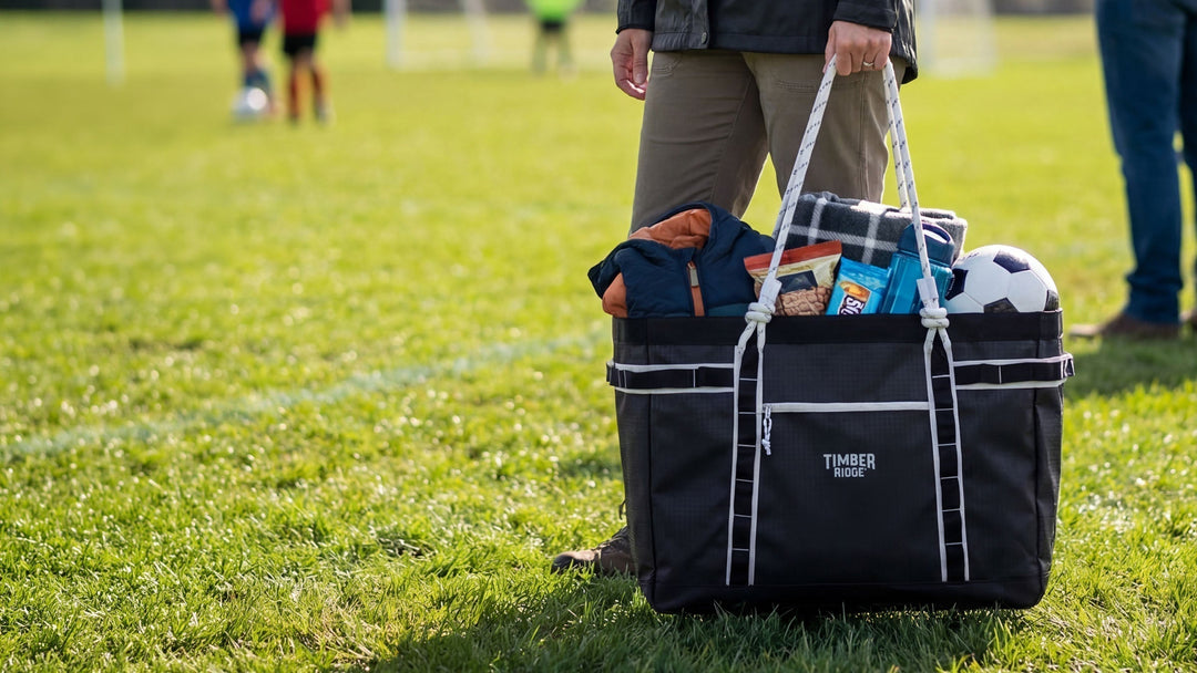 Family sideline setup with outdoor chairs, a cooler, blankets, and organized gear at a fall sports tournament