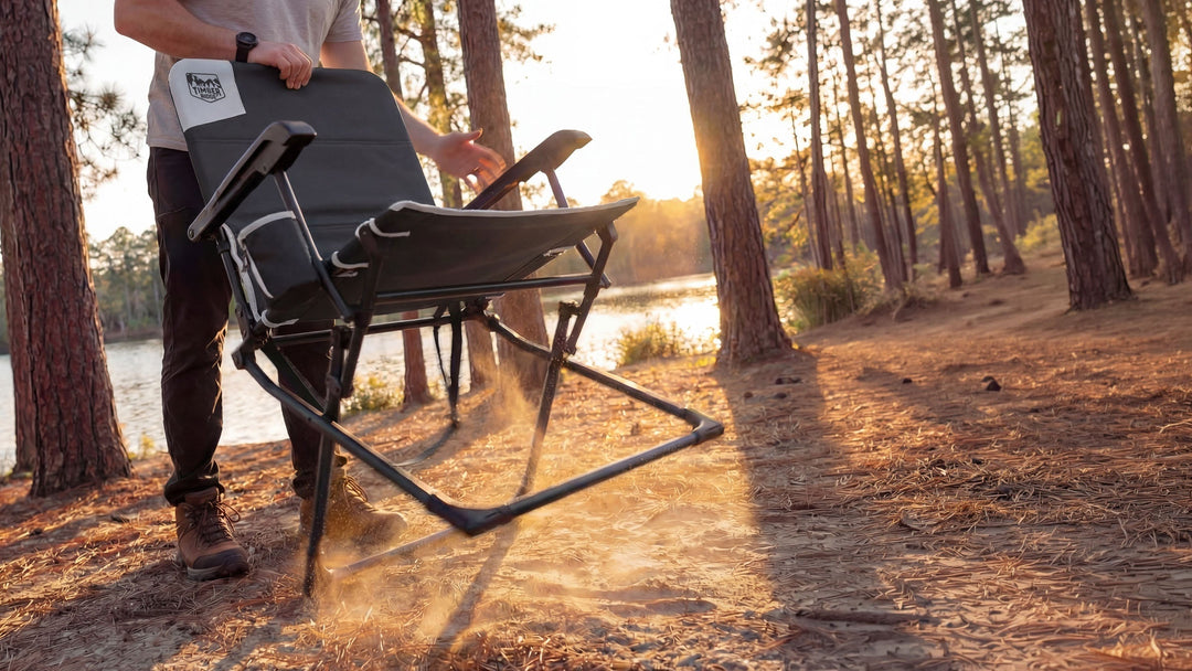 Flat-folding camping chair stored in an RV pass-through compartment for a fall road trip