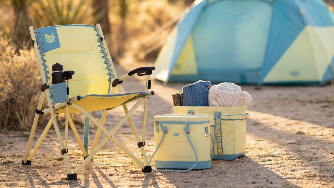 Comfortable fall outdoor living space with portable chairs under an awning