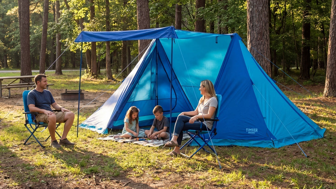 Family enjoying a September camping trip with a tent, shelter, and chairs surrounded by early fall color
