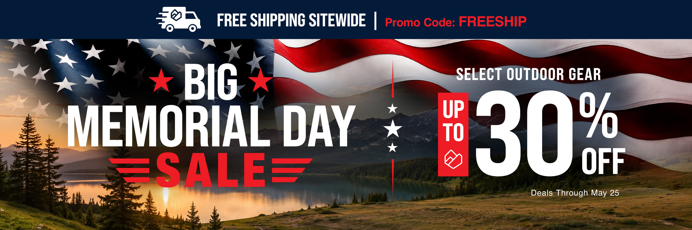 Memorial Day Sale banner featuring up to 30 percent off select outdoor gear and free shipping