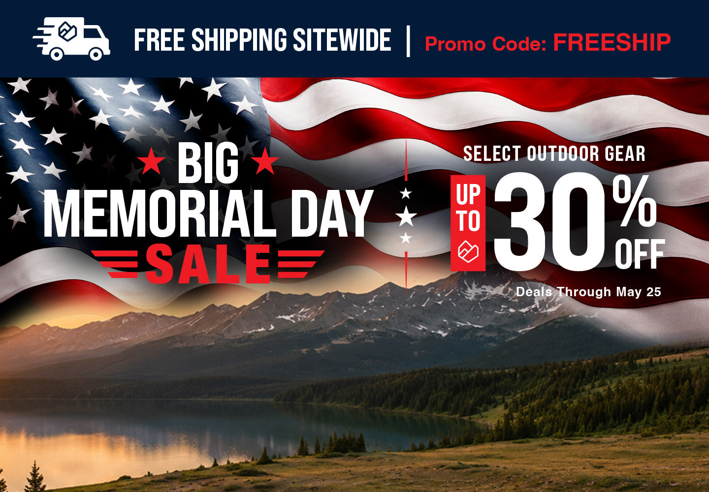 Memorial Day Sale banner featuring up to 30 percent off select outdoor gear and free shipping